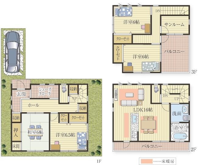 サンルームのある３階建の家